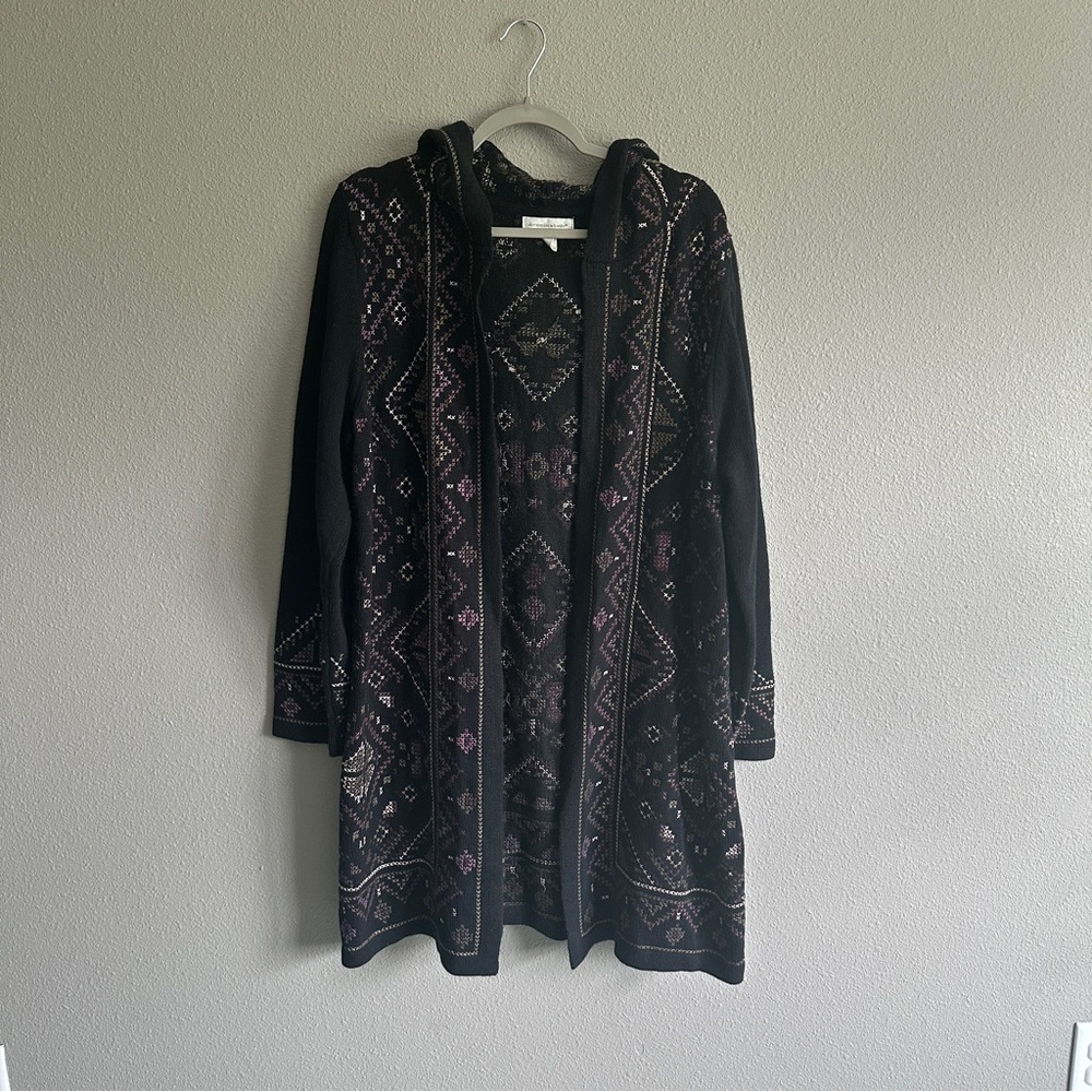 Christopher & Banks Black and Purple Embroidered Hooded Long Cardigan XL